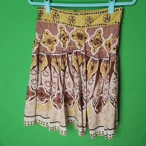 Anthropologie Yellow and Brown Patterned A-Line Skirt
